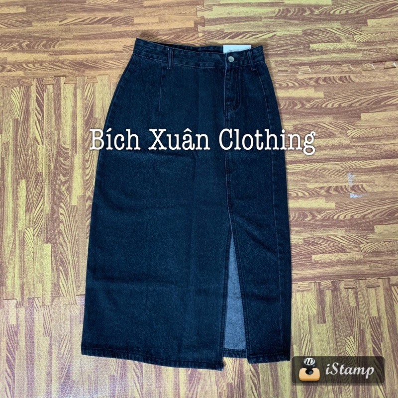 Chân váy dài nữ jean xẻ tà, cạp cao hàng Quảng Châu cao cấp | BigBuy360 - bigbuy360.vn