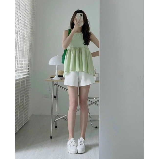 [Freeship] Hình thật - Set áo yếm peplum và short trắng hack tuổi, tôn da