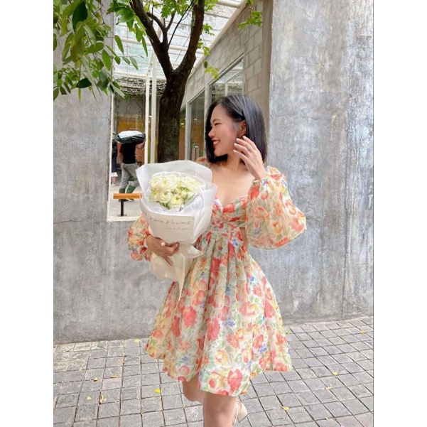 Đầm hoa hồng cam xòe nơ lưng mã 0203