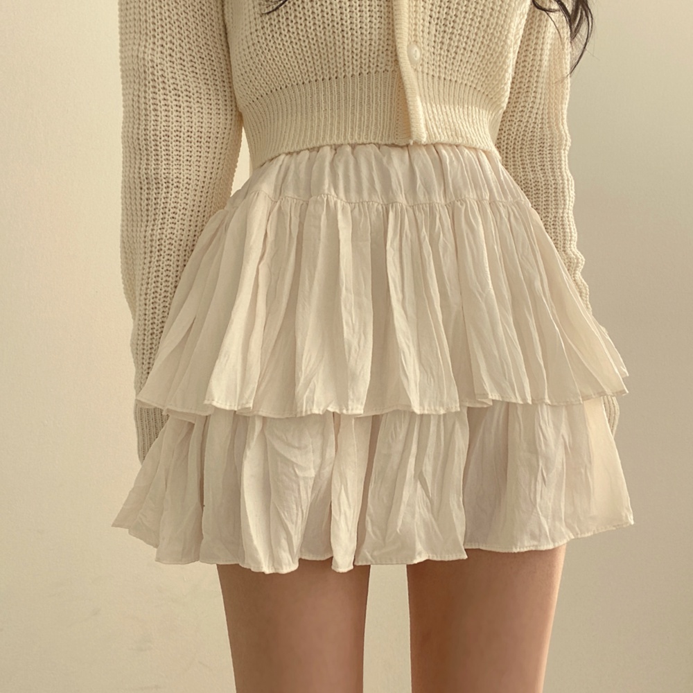 Quần giả váy Xếp ly 2 tầng Váy tầng phồng dáng ngắn Retro Ulzzang Hàn Quốc Lưng thun Thời trang