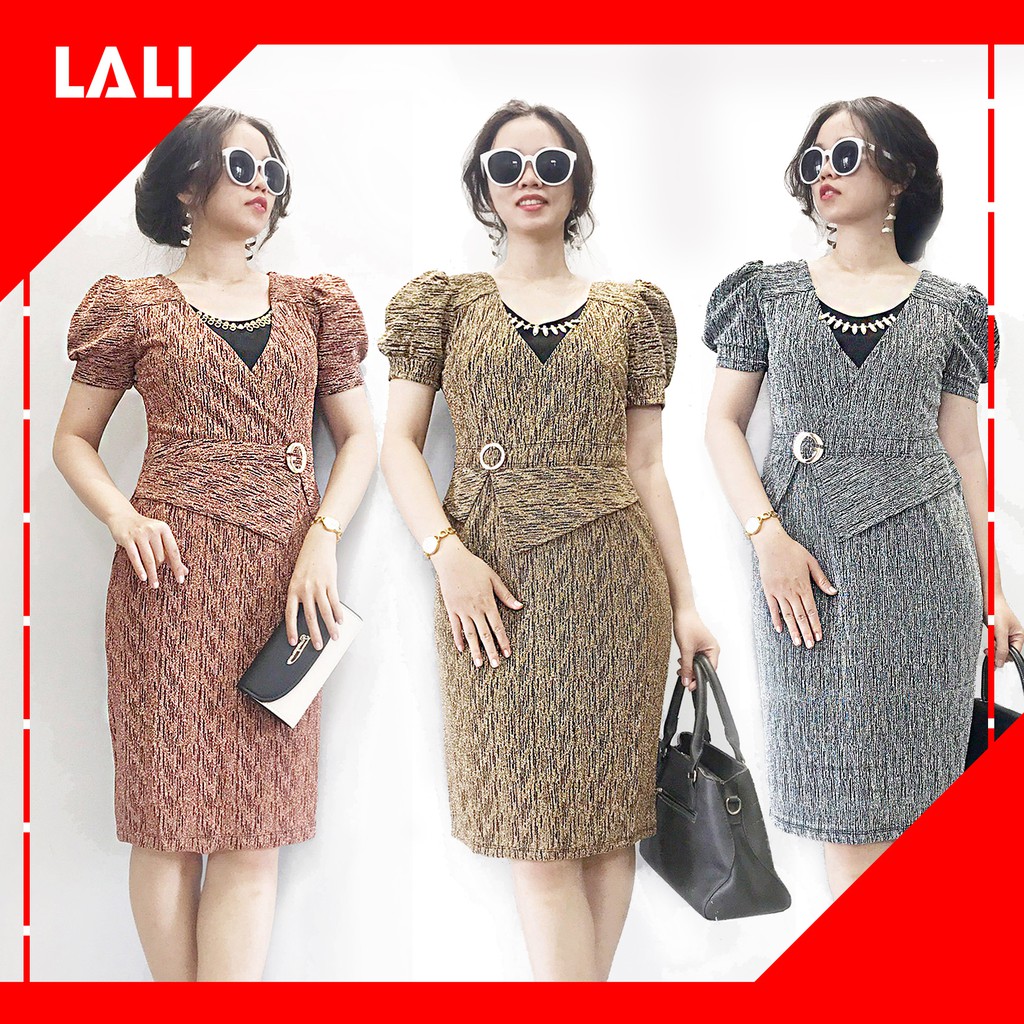 Đầm trung niên dáng ôm tay phồng, váy trung niên dáng peplum dự tiệc MS79