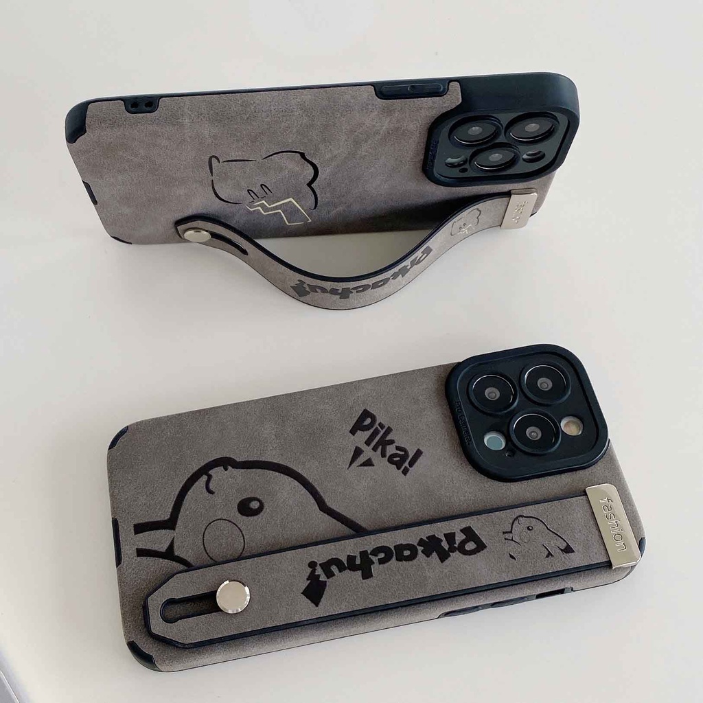 Ốp Điện Thoại Da Lộn In Hoạt Hình Pikachu Kèm Dây Đeo Cho iPhone 14ProMax 13 12Pro 11Promax 7P XS XR