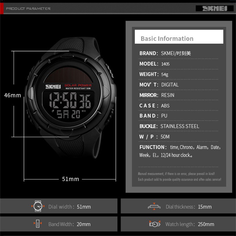 Đồng Hồ SKMEI 1405 Dạng Kĩ Thuật Số Chống Thấm Nước Chạy Năng Lượng Mặt Trời Có Báo Thức