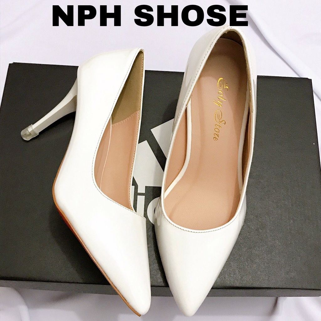 Giày Cao Gót Bít Mũi 7P Màu Trắng, Đế Pháp Da Bóng - Giày Gót Nhọn Công Sở (NPH SHOSE), Hàng VNXK Cao Cấp