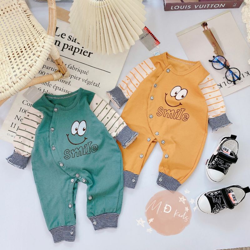 Body Dài Tay Sơ Sinh Vải Cotton, Hình Mặt Smile Cho Bé 3-9kg