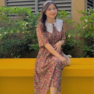 [CÓ SẴN] Đầm hoa xòe dáng dài cổ ren tiểu thư ngắn tay phong cách Hàn Quốc ulzzang
