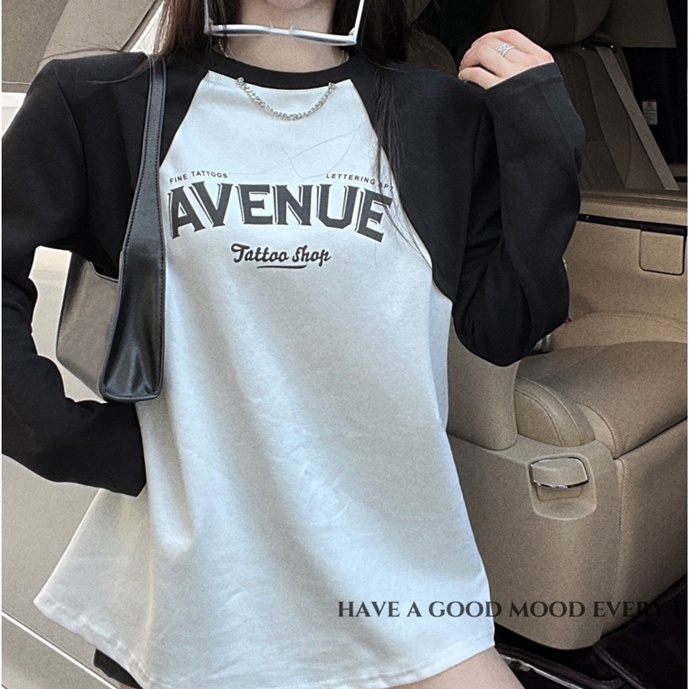 Áo thun SUXI tay dài cổ tròn in họa tiết chữ cái phong cách Hàn Quốc thời trang dành cho nữ