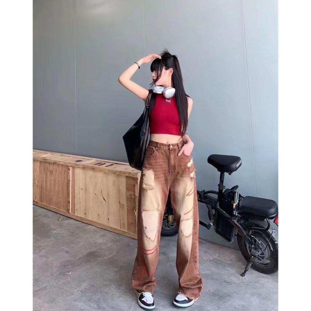 Quần Jean Ống Suông Rộng Màu Cà Phê Phong Cách Retro Hong Kong Thời Trang Mùa Thu Cho Nữ