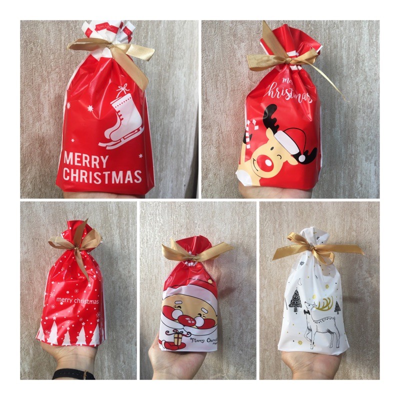 Set 10 túi bánh kẹo giáng sinh nơ rút, túi bánh noel