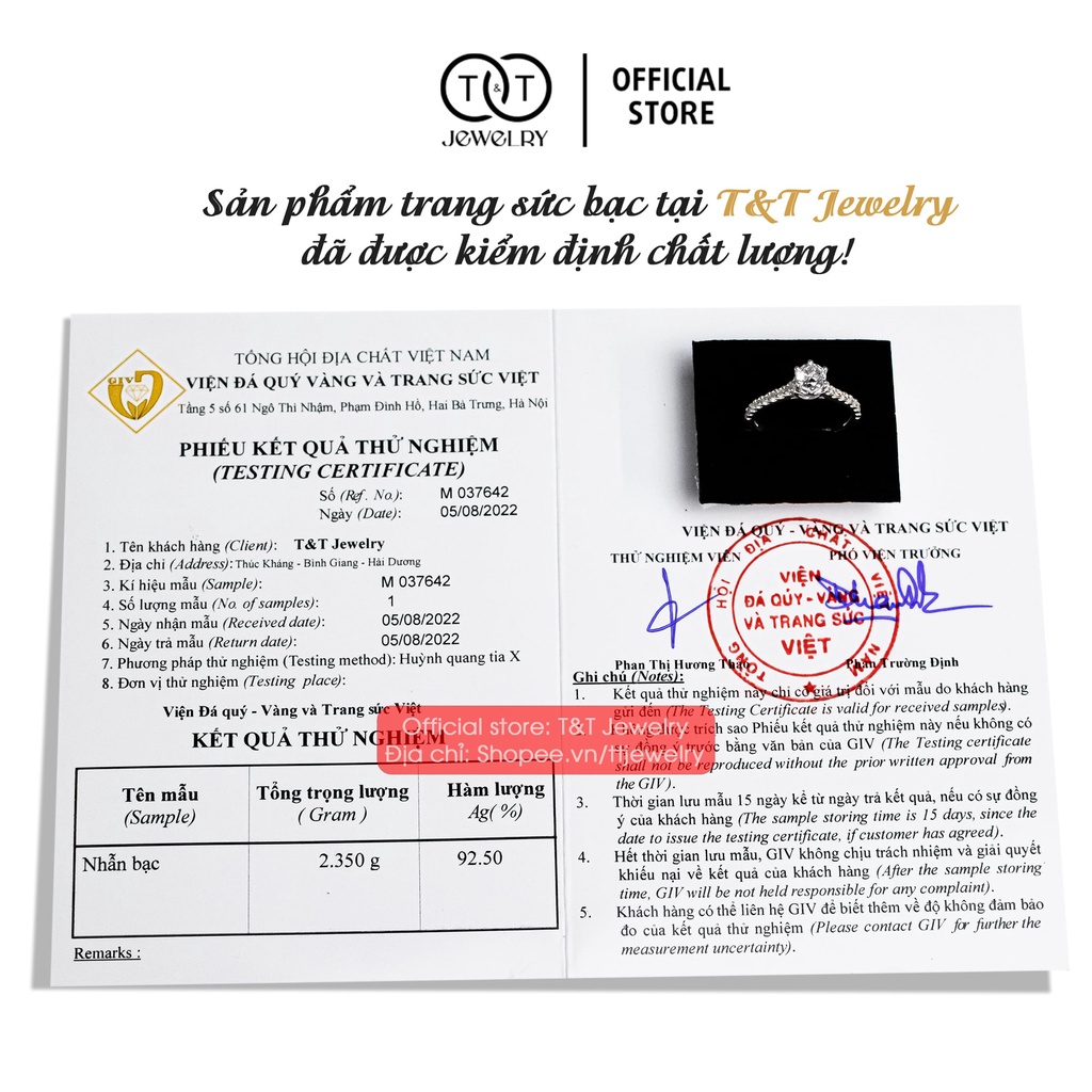 Nhẫn Bạc Nữ s925 Bạc Ý 6 Chấu Nạm Đá Thân Nhẫn Lấp Lánh - T&amp;T Jewelry cao cấp NN056