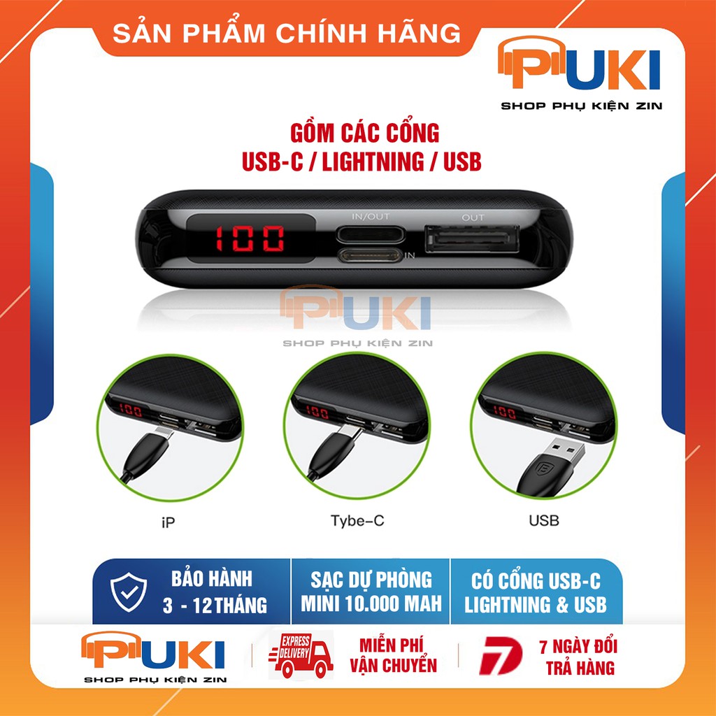 Pin Sạc Dự Phòng Baseus Mini 10000mAh Hỗ Trợ PD - Hiển Thị Phần Trăm - 2 Cổng Ra - Hàng Chính Hãng