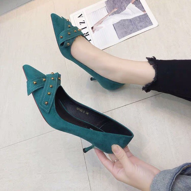 (Order)sz34-39 Giày cao gót 6cm da lộn phối nơ đinh Quảng Châu