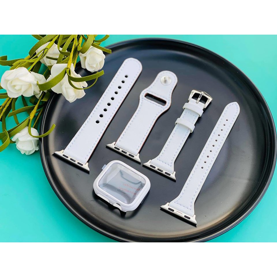 Combo dây da và ốp viền cường lực full kính màu trắng dành cho apple watch