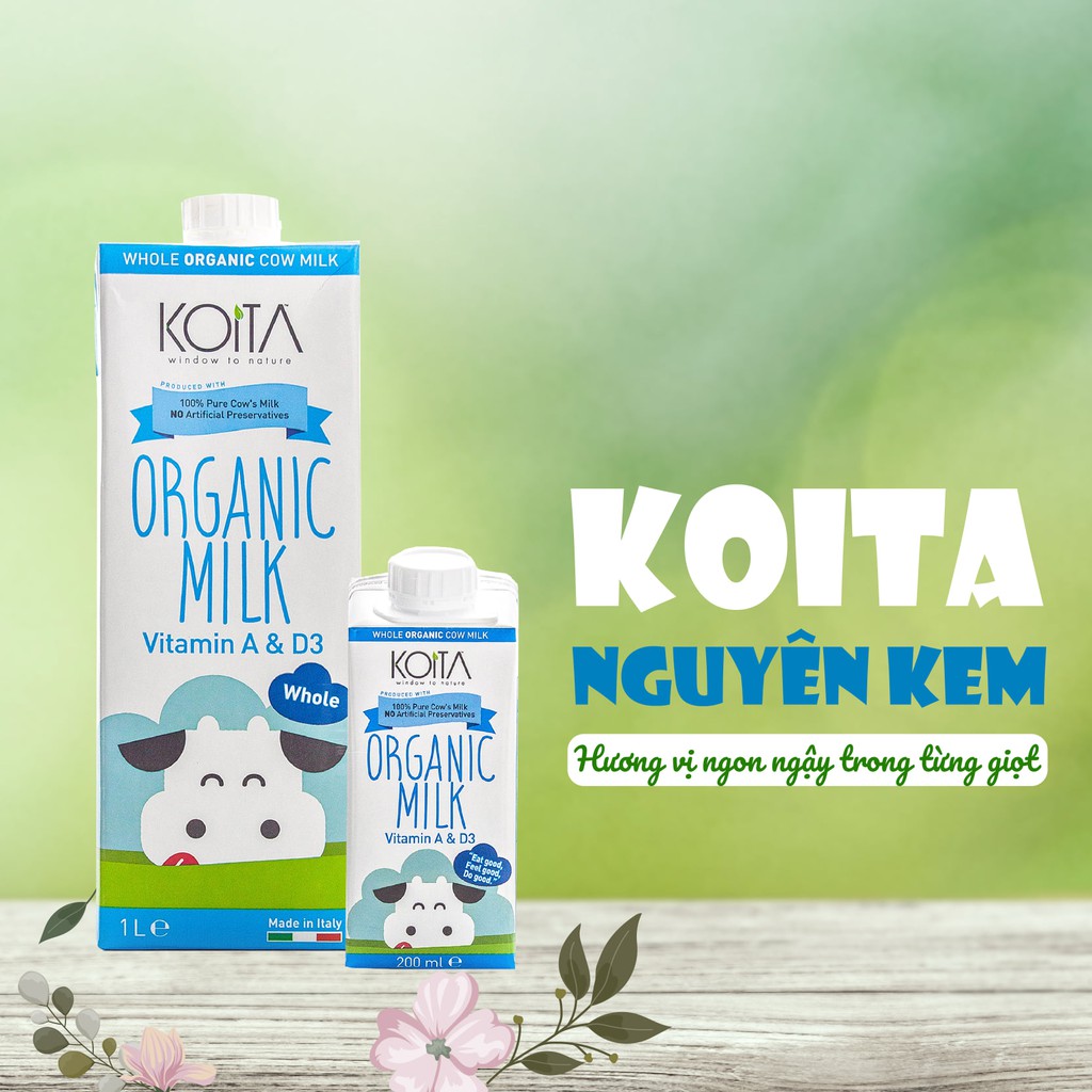 Sữa tươi hữu cơ nguyên kem - ít béo Koita 200ml - 1l