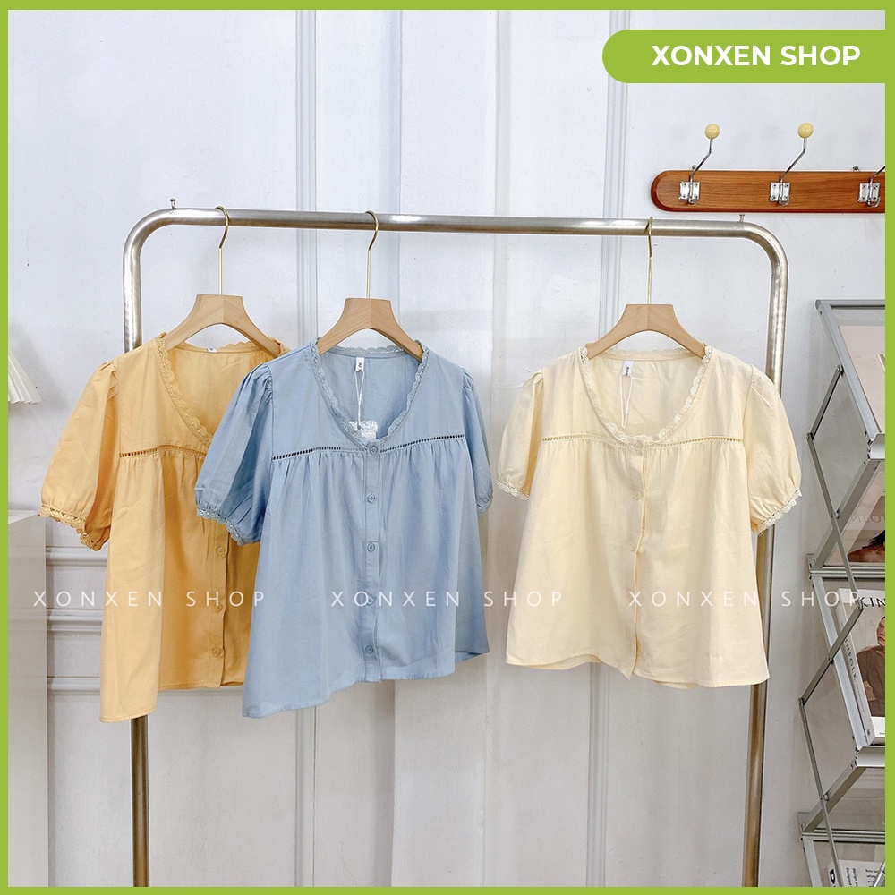 Áo kiểu nữ áo kiểu cổ tim sọc ren chất vài mềm mịn thoáng mát XONXEN SHOP QUẢNG NGÃI freesize mã 3381