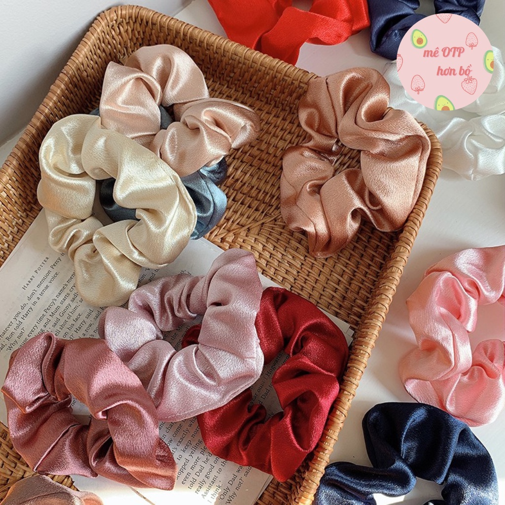 Scrunchies lụa satin dày, bông, vải nhăn pastel nhiều màu phong cách hàn quốc
