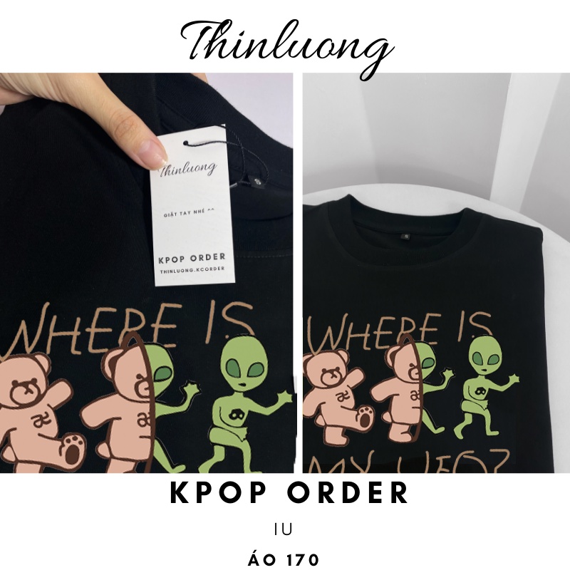 Áo thun IU in hình ba chú gấu cotton màu trắng đen trơn đáng yêu dáng oversize