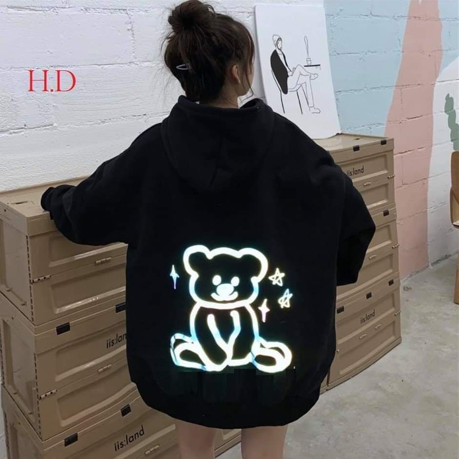 Áo khoác hoodie in gấu thả sao phản quang 7 màu, áo nỉ bomber phản quang freesize unisex Hàn quốc { Sale rẻ vô địch}