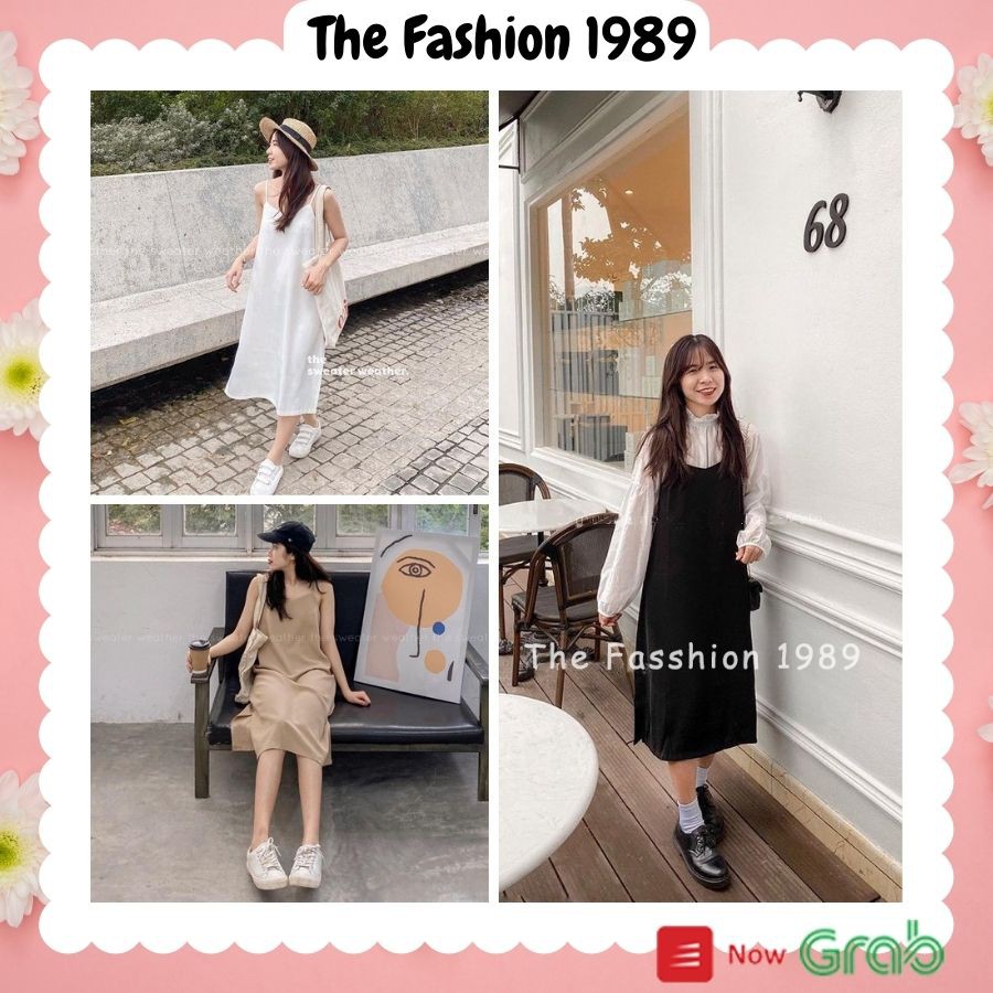 Váy 2 dây, đầm xuông - chất đũi lụa trơn basic nữ