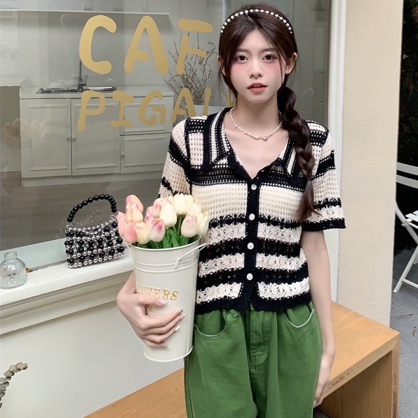 Áo sweater ZHELIHANGFEI ngắn tay cổ polo đan dệt khoét lỗ xuyên thấu thời trang