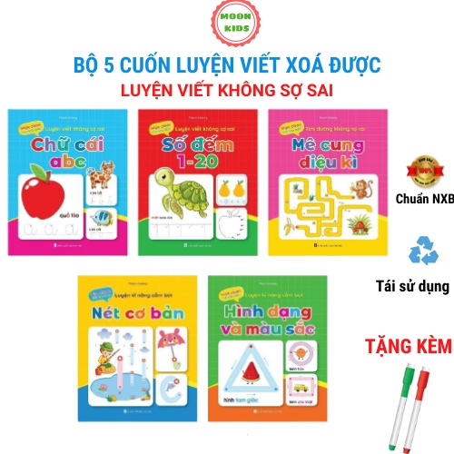 Bộ vở tập viết xoá được không sợ sai cho bé tặng kèm 2 bút - combo 5 cuốn Wipe clean