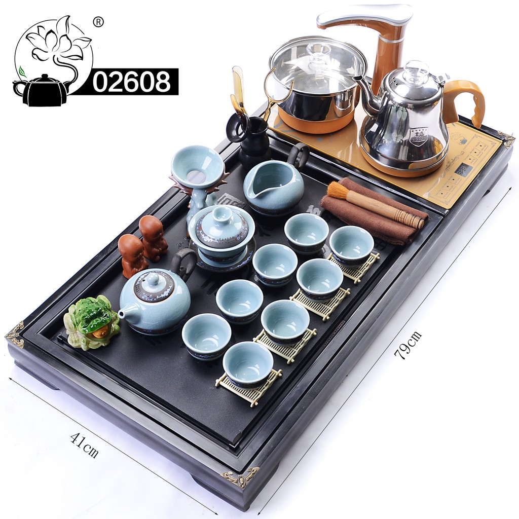 Bàn trà điện thông minh bàn gỗ mặt đá ấm chén gốm sứ tử sa để phòng khách - Mã : 02601-19