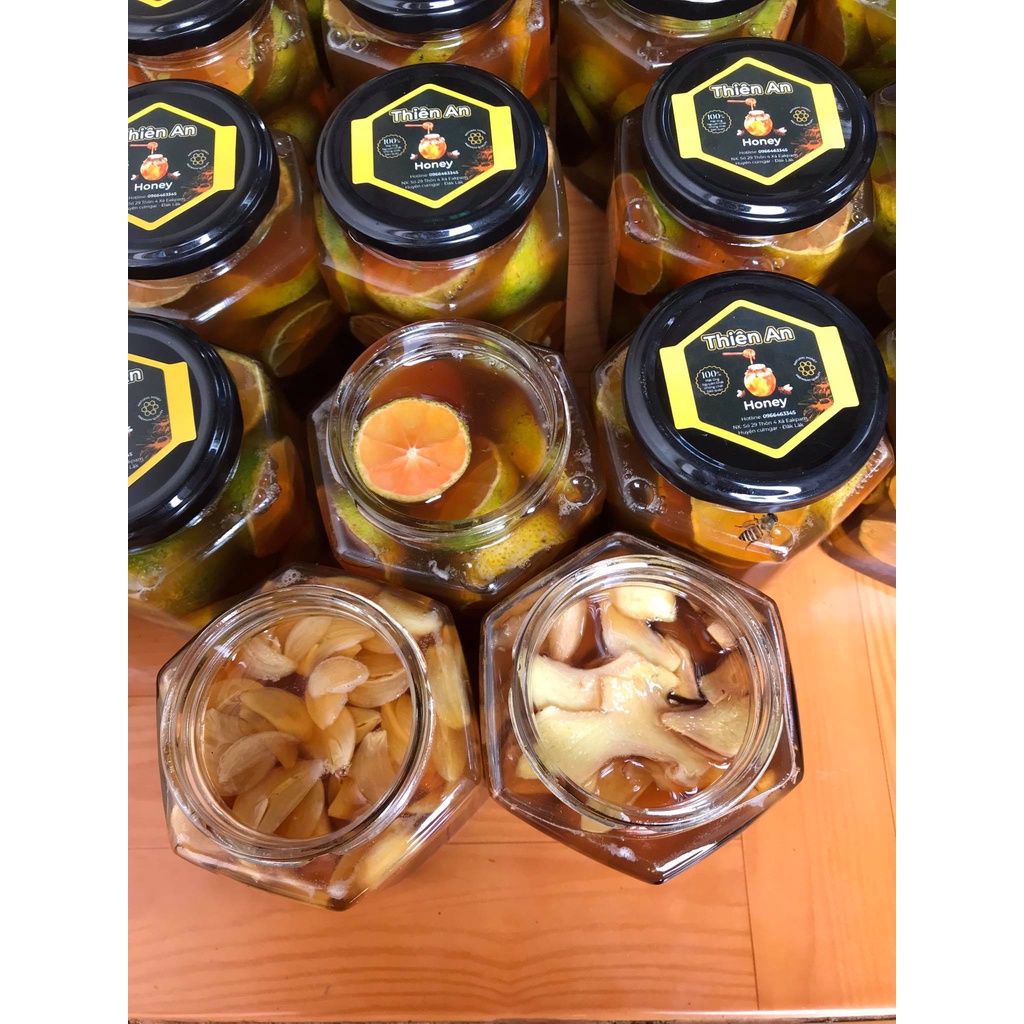 Mật Ong Rừng ngâm Gừng- Tỏi- Chanh Đào- Hoa Đu Đủ Đực (500ml)- hũ thủy tinh