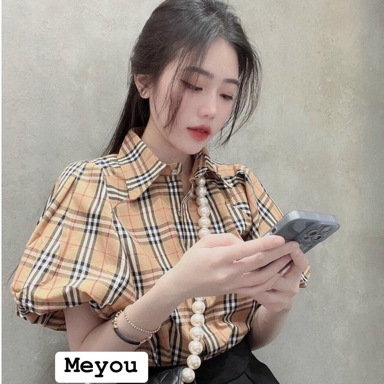 Áo Sơ Mi Nữ Cộc Tay BBR Kẻ Caro  - Áo Sơ Mi Tay Bồng Dáng Rộng Phong Cách Ulzzang | BigBuy360 - bigbuy360.vn