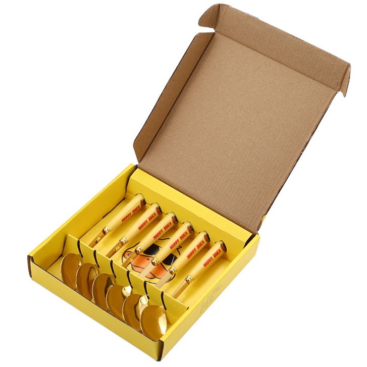 Hộp 6 chiếc thìa ăn cho bé, muỗng ăn đồ tráng miệng bằng thép không gỉ màu vàng hình vịt nhỏ