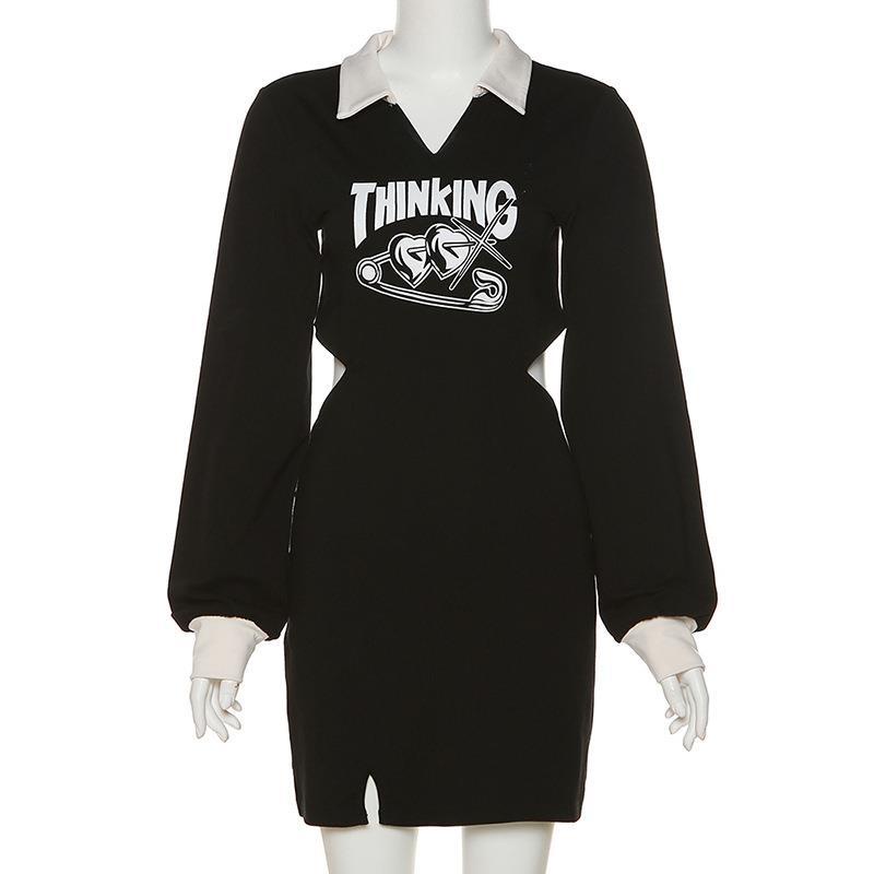 Đầm Tay Dài Cổ Chữ V In Chữ Thời Trang Dành Cho Nữ