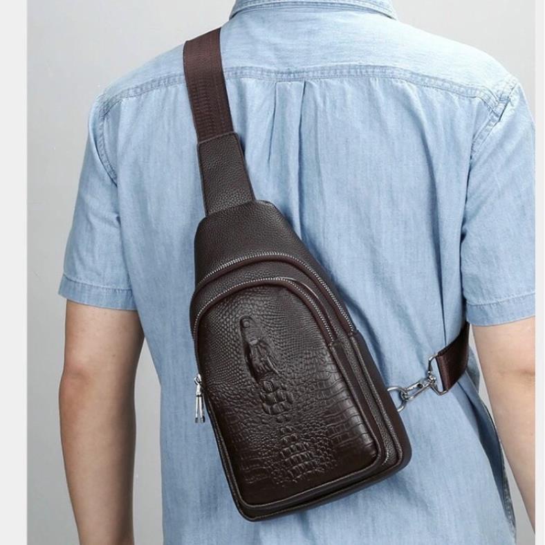 Túi đeo chéo da bò dập Vân cá sấu, túi xách da bao tử nam đeo ngực hông bụng cao cấp đẹp - A&ESHOP 65657