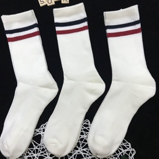 Sét 3 đôi Tất Vớ thể thao kẻ sọc, tất cổ cao, tất trắng đen xám, xuất Nhật