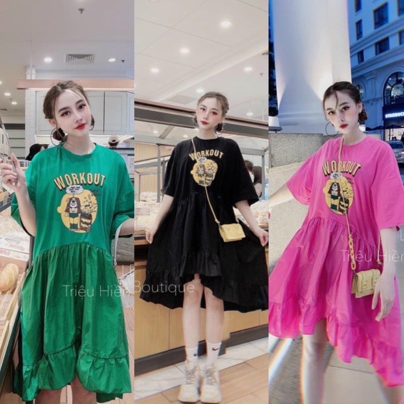 Đầm nữ kiểu babydoll phối in kute chất vải thun Borip FreeSize dưới 55kg