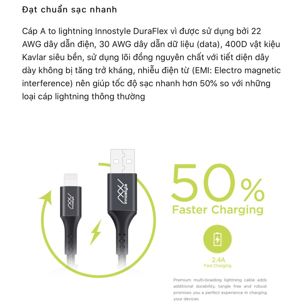 Cáp sạc iPhone, iPad Pro 2017, iPod, AirPods Pro bện Nylon INNOSTYLE Duraflex LIGHTNING chuẩn MFi dài 1.5m