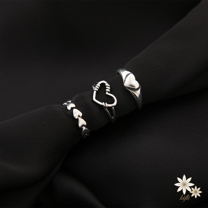 Bộ 3 Nhẫn Hở Màu Bạc Hình Trái Tim Phong Cách Gothic Cổ Điển Có Thể Điều Chỉnh Cho Nữ