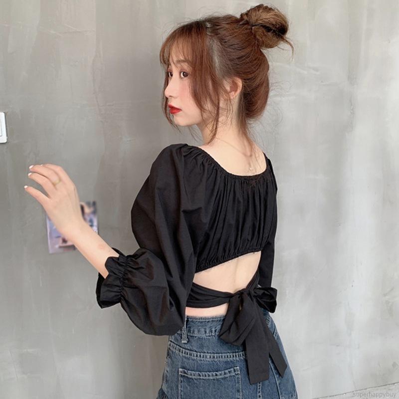 Áo Croptop Tay Dài Cổ Vuông Màu Trơn Thắt Nơ Sau Lưng Phong Cách Hàn Quốc Cho Nữ