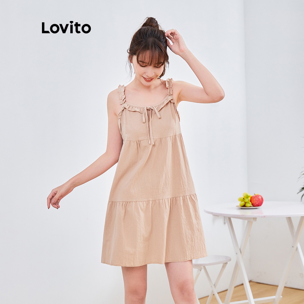 Đầm Mini Lovito Không Tay Hai Dây Dáng Chữ A Lai Diềm Xếp Nếp Màu Trơn Đơn Giản DRYOFSP1144 (Màu Nude)