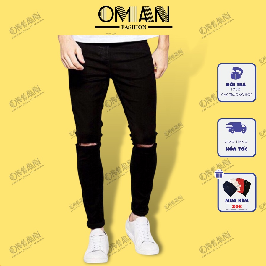 Quần jean nam rách gối + trơn - quần bò dáng côn màu đen - vải co giãn OMAN QJ012