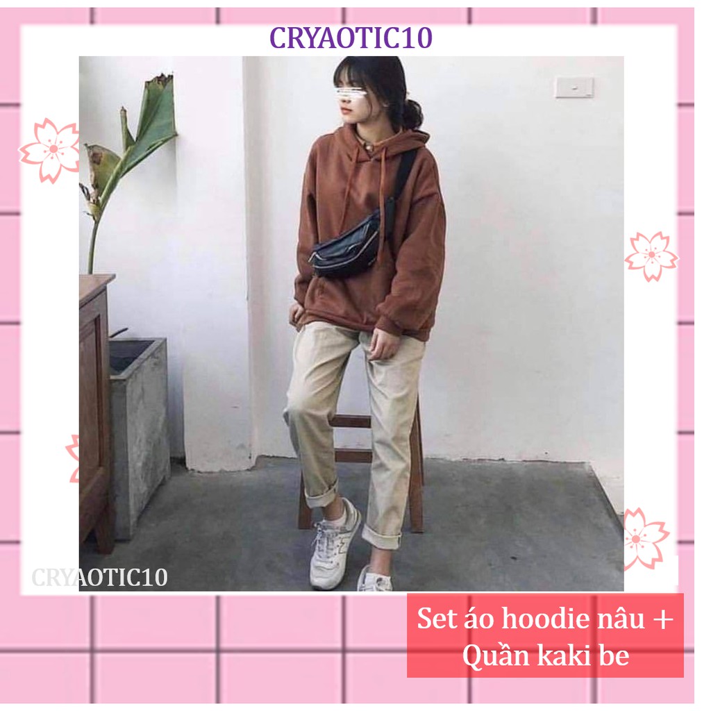Set 1 áo hoodie nâu + 1 quần kaki be unisex