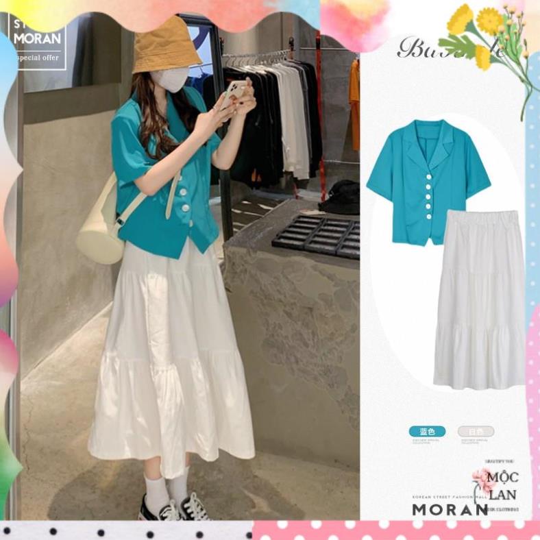 Áo blazer cộc tay MORAN màu xanh cổ V + Chân váy trắng dập viền đuôi cá xòe dài style Hàn Quốc