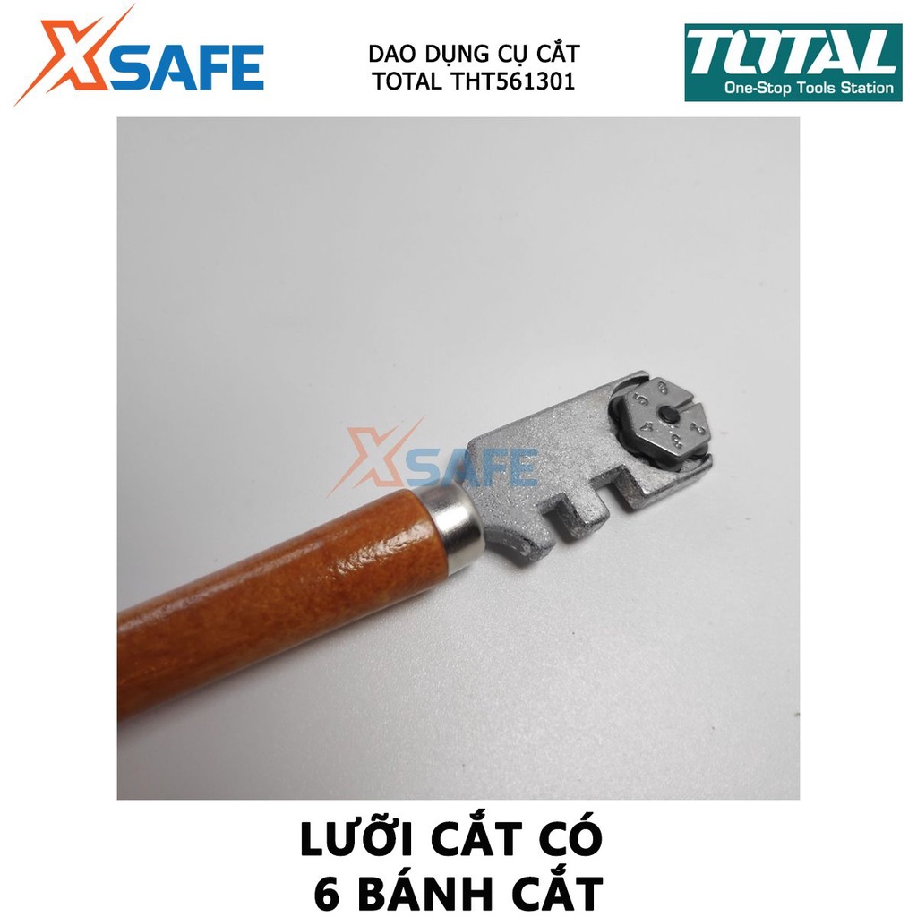 Dao cắt kiếng TOTAL THT561301 | dụng cụ bẻ kính Tay cầm bằng gỗ, Lưỡi cắt kính có 6 bánh cắt, Chiều dài: 130mm