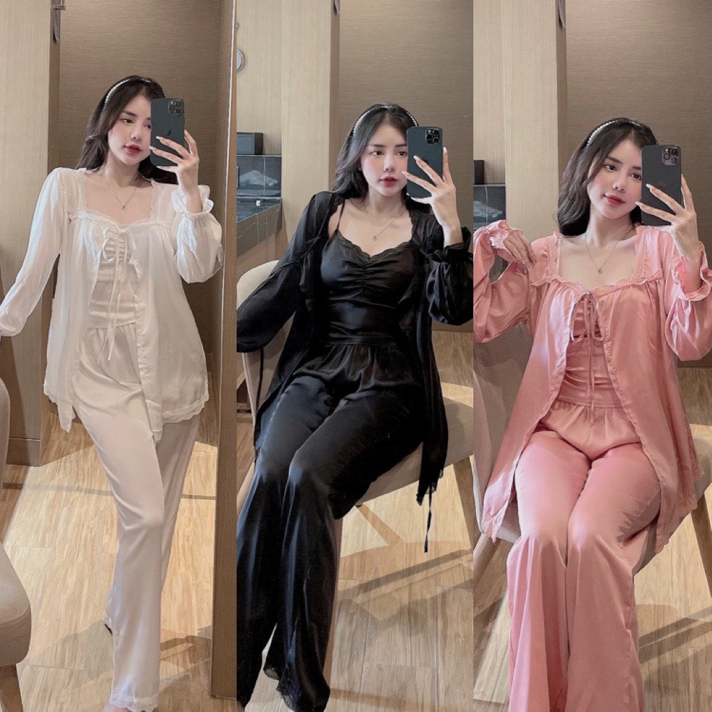 Set 3 mặc nhà 2 dây Sexy tay bo tiểu thư lụa latin Siêu Mát