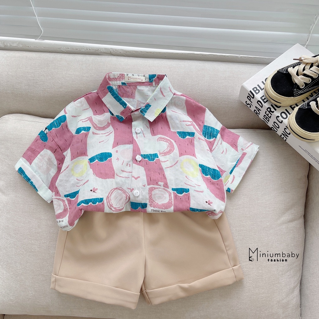 Áo sơ mi cộc tay/ tay lỡ cho bé mặc mùa hè, họa tiết bé trai, bé gái họa tiết ô tô, trái cây miniumbabyfashion A1212