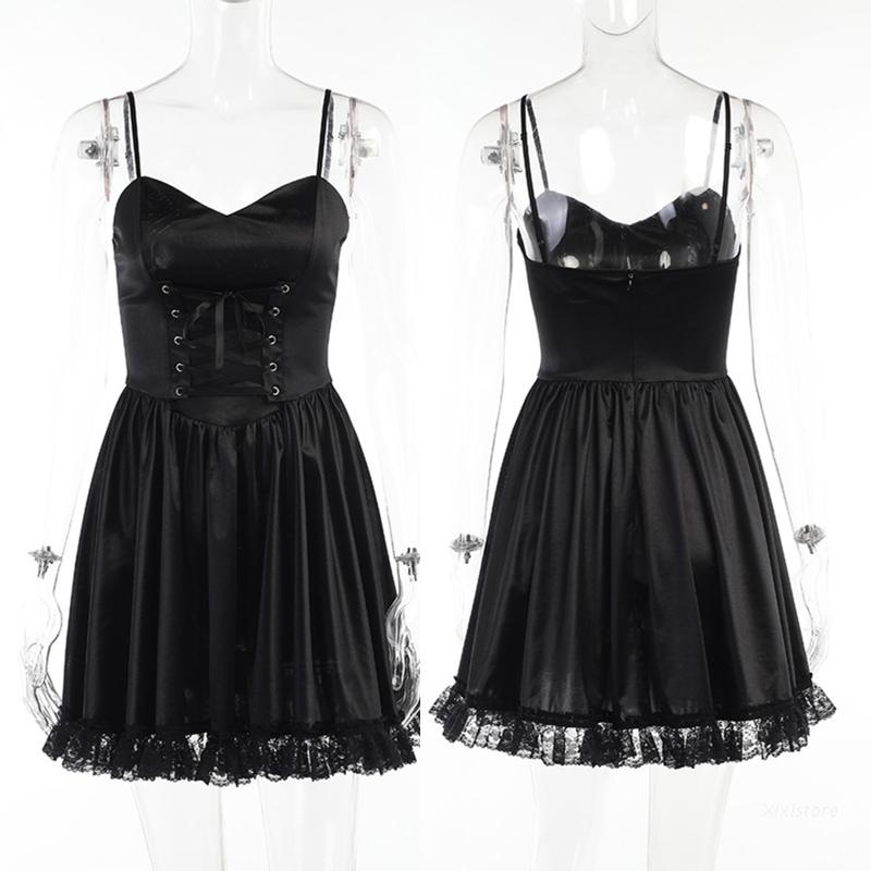 Đầm chữ A không tay eo cao màu đen phong cách gothic thời trang cho nữ