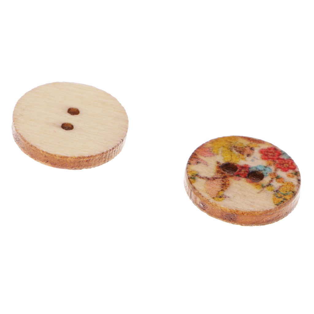 Set 50 Nút Gỗ Tròn 2 Lỗ In Họa Tiết Hoa Phong Cách Vintage Dành Cho May Vá / Sổ Tay