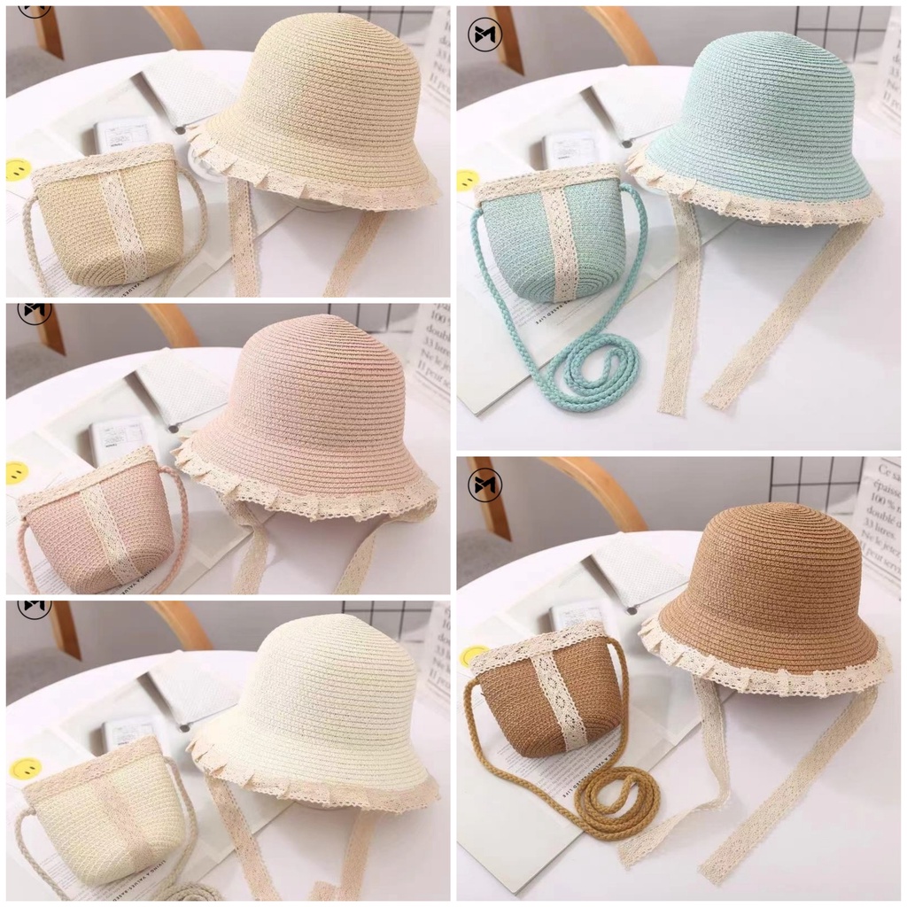 Set Nón mũ cói kèm túi xách phối ren thời trang cho bé gái