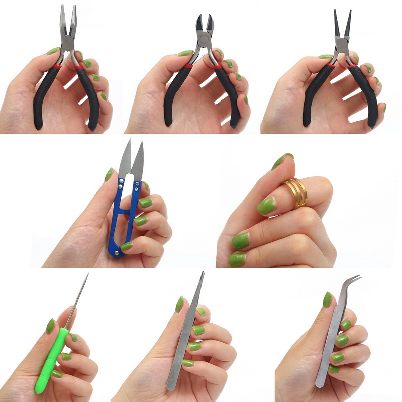 Bộ 8 phụ kiện có kiềm và kéo đính hạt làm đồ trang sức DIY có túi đựng màu đen 155x110x35mm