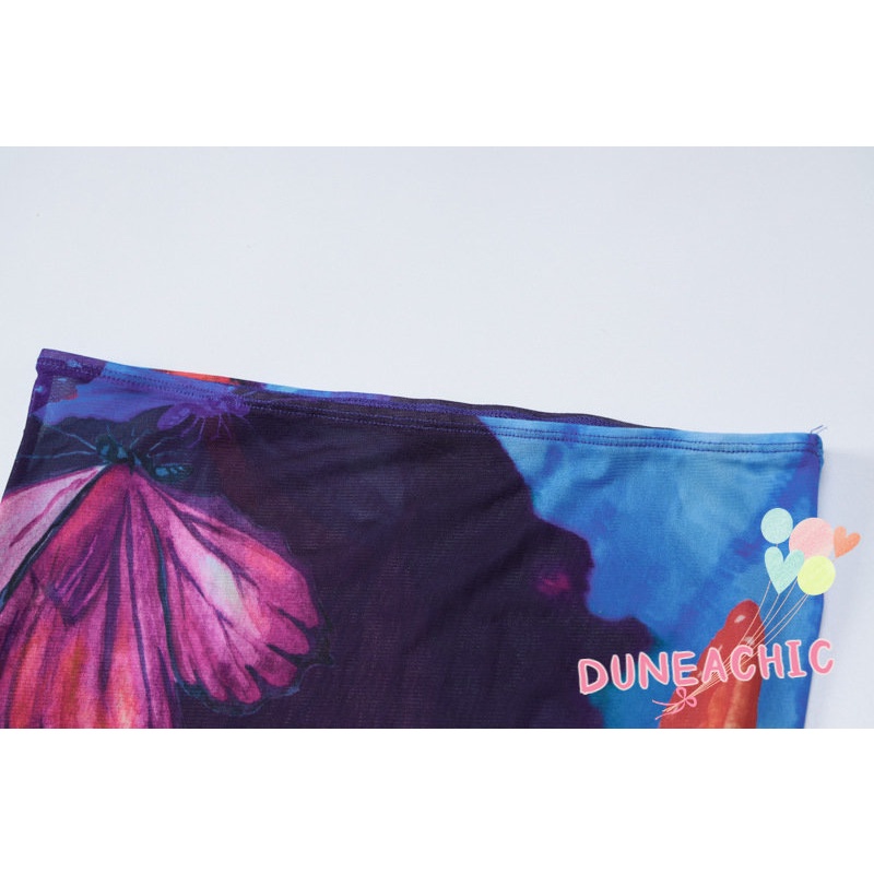 DUNEA Bộ đồ 2 món gồm áo ống in hình bướm và chân váy midi xinh xắn cho nữ