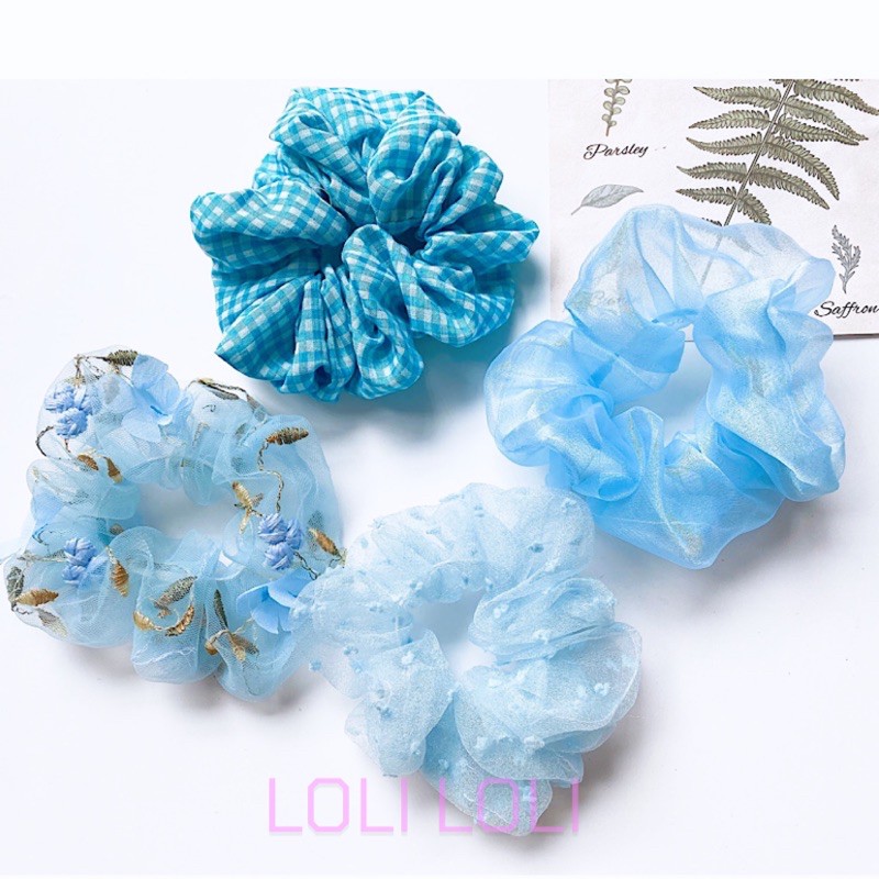 Scrunchies cột tóc tông màu xanh trời dễ thương dành cho nữ. Buộc tóc tone  xanh trời Loli