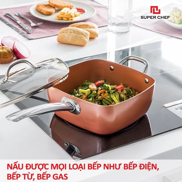 [Mã BMBAU50 giảm 7% đơn 99K] Nồi Vuông Cán Dài Tráng Men Ceramic Super Chef An Toàn Siêu Bền